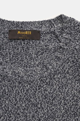 Moorer Rundhalspullover 'Frankie' navy/hellgrau meliert, Detailansicht von oben, feines Strickbild, Melange-Look, Cashmere-Seide-Mix, weicher Griff, Rundhalsausschnitt, flexible Rippbündchen, Regular Fit.