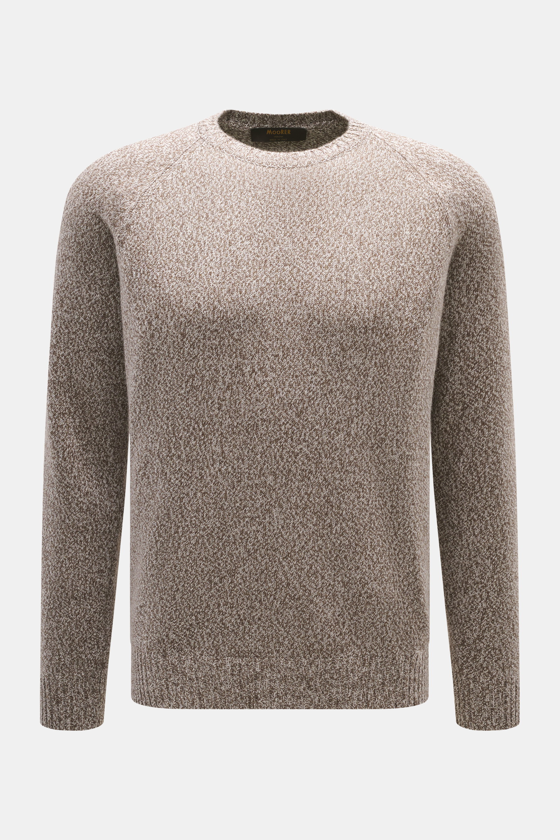 Moorer Rundhalspullover 'Frankie' braun/weiß meliert, Frontansicht, aus Cashmere und Seide, Melange-Look, weicher Griff, Regular Fit, Rundhalsausschnitt, flexible Rippbündchen.