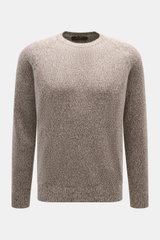 Moorer Rundhalspullover 'Frankie' braun/weiß meliert, Frontansicht, aus Cashmere und Seide, Melange-Look, weicher Griff, Regular Fit, Rundhalsausschnitt, flexible Rippbündchen.