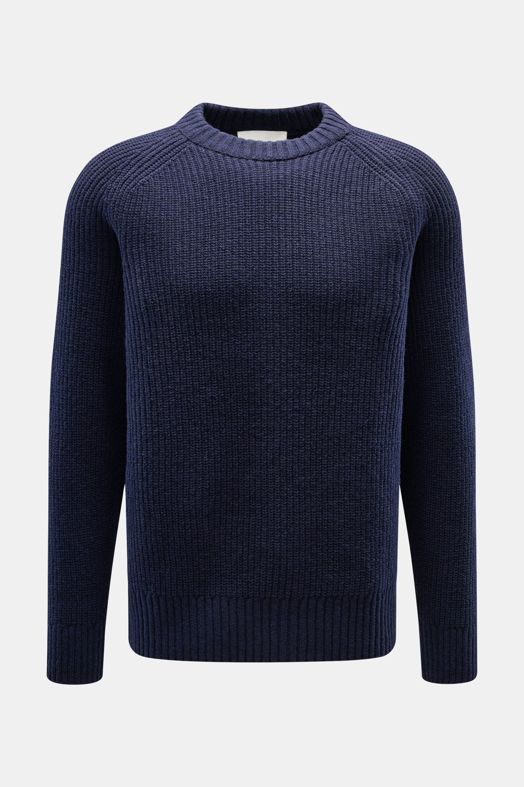 Geschlossener navy Closed Rundhalspullover aus edlem Wollstrick mit Patentstrick, Raglanärmeln, Rippbündchen, Regular Fit, frontal fotografiert.