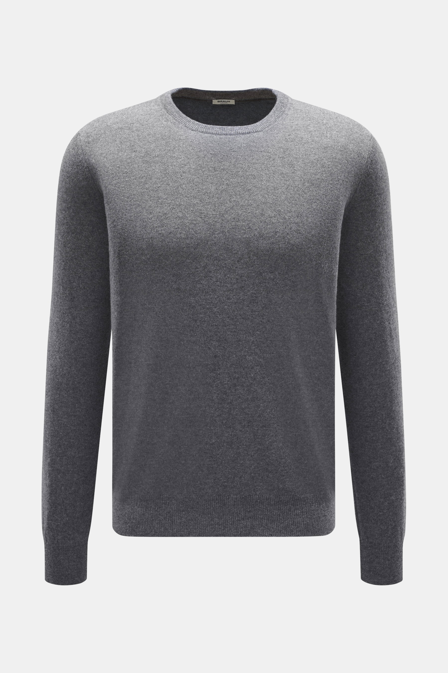 BRAUN Hamburg Cashmere Rundhalspullover dunkelgrau meliert, Slim Fit, feines Strickbild, Rundhalsausschnitt, flexible Rippbündchen, reiner Cashmere, vorne frontal fotografiert.