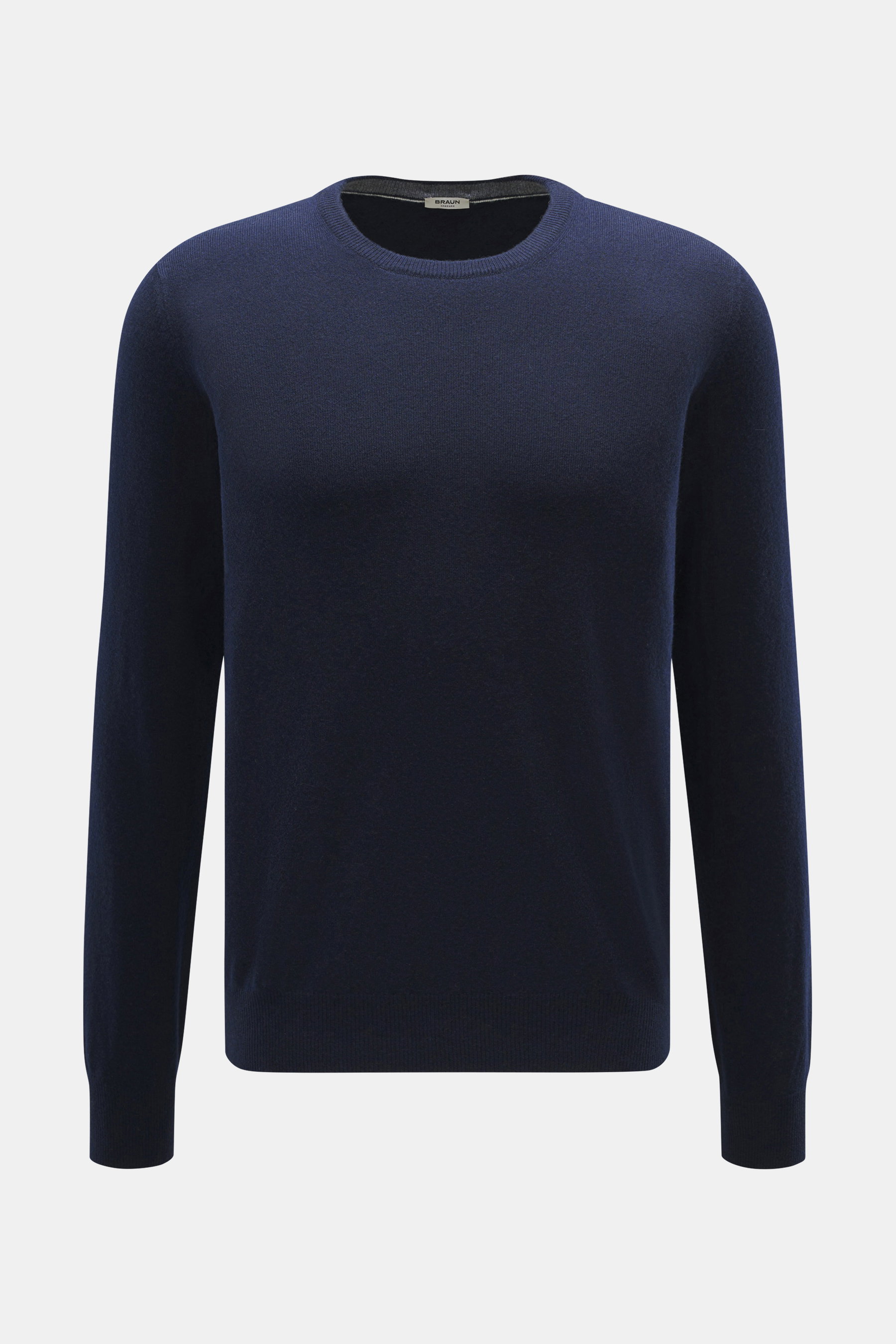 BRAUN Hamburg Cashmere Rundhalspullover navy, Slim Fit, feines Strickbild, reiner Cashmere, Rundhalsausschnitt, flexible Rippbündchen, frontal fotografiert, Made in Italy.