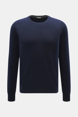 BRAUN Hamburg Cashmere Rundhalspullover navy, Slim Fit, feines Strickbild, reiner Cashmere, Rundhalsausschnitt, flexible Rippbündchen, frontal fotografiert, Made in Italy.