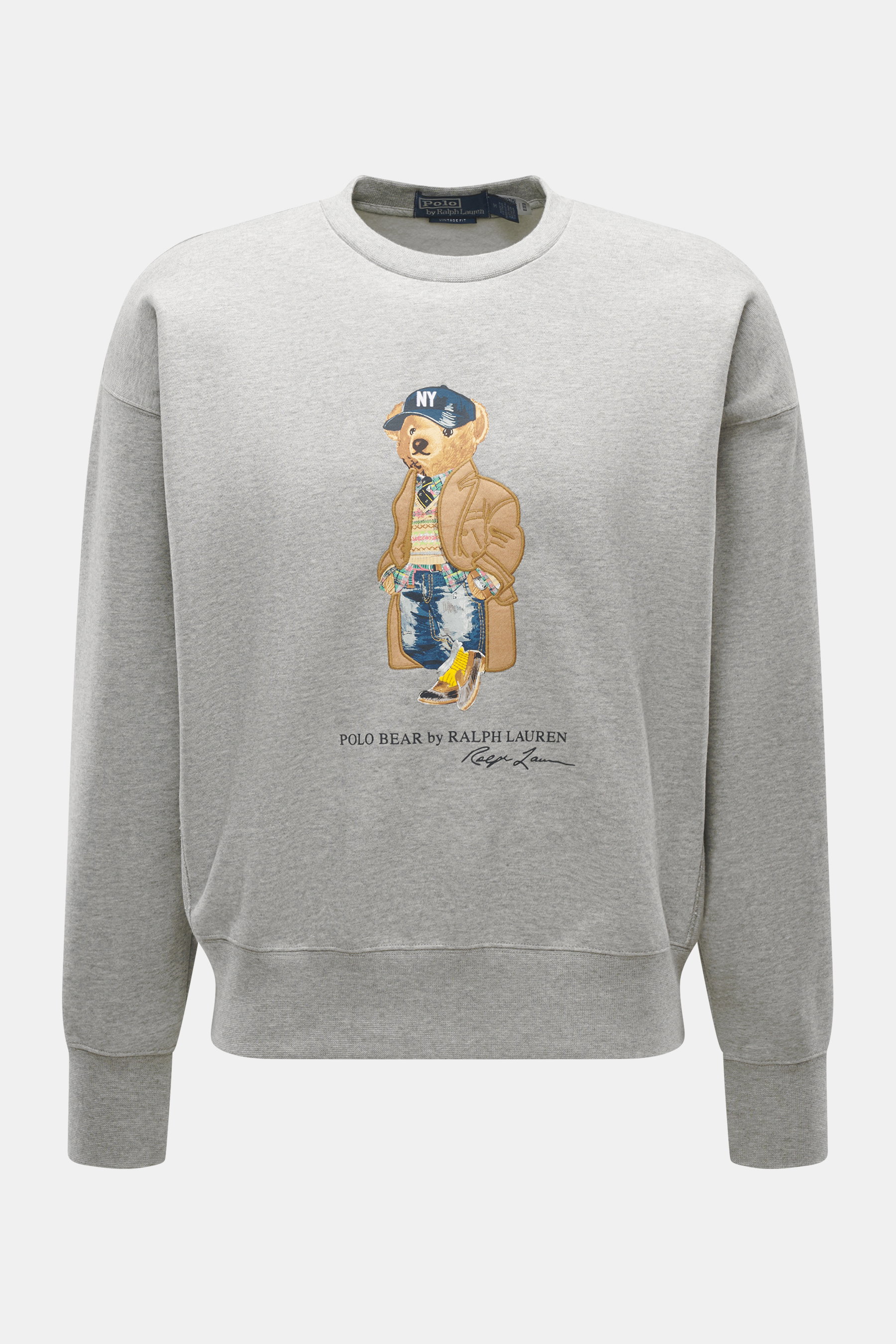 Polo Ralph Lauren Sweatshirt 'Polo Bear' grau meliert, frontal fotografiert, rundhals, Oversized Fit, weicher Griff, Bärenmotiv, Rippbündchen, Baumwoll-Mix.