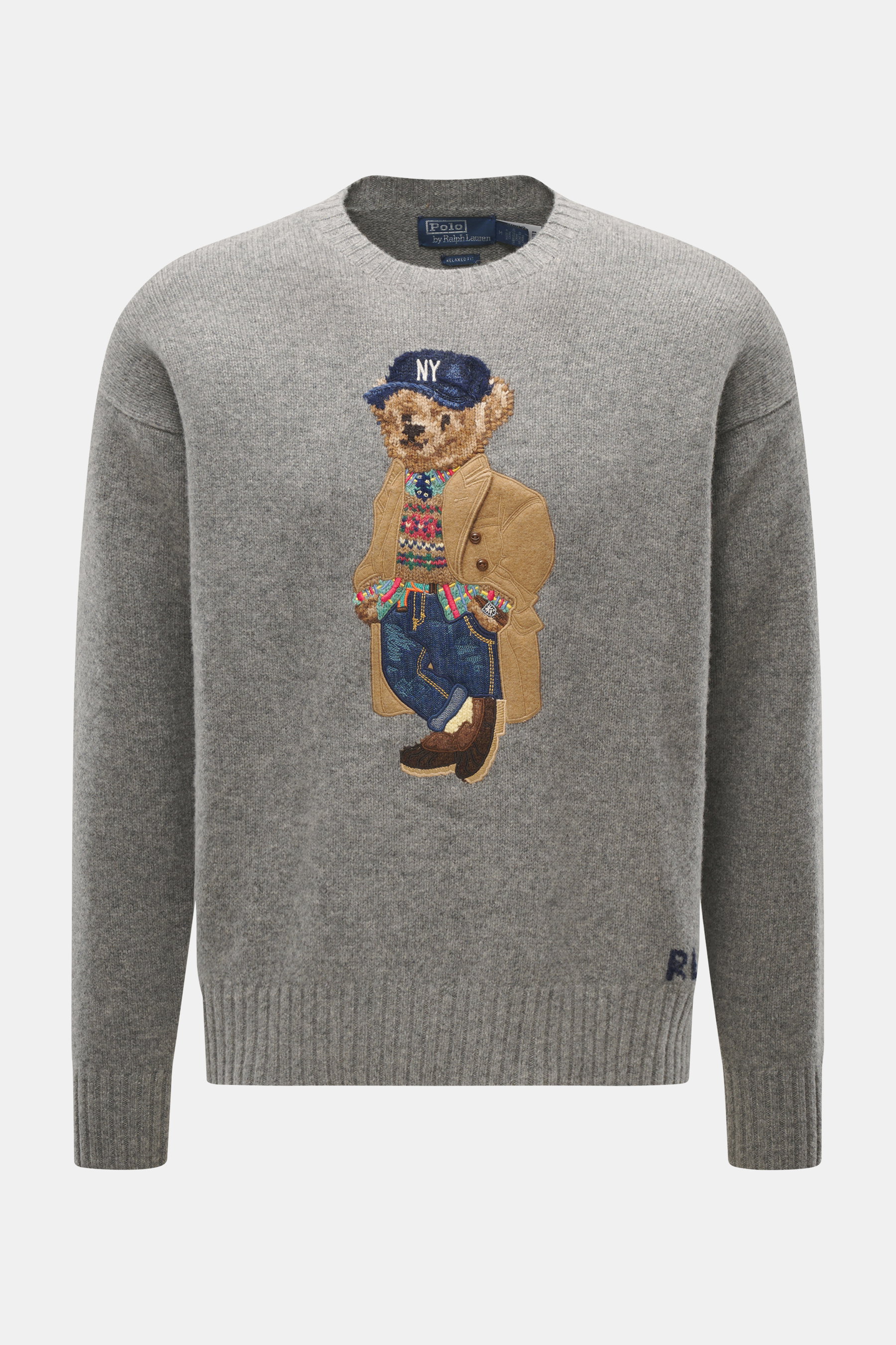 Polo Ralph Lauren Rundhalspullover grau meliert, frontal fotografiert, mit Polo-Bear aus Wolle und Cashmere, Rundhals, Rippbündchen, Regular Fit.