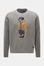 Polo Ralph Lauren Rundhalspullover grau meliert, frontal fotografiert, mit Polo-Bear aus Wolle und Cashmere, Rundhals, Rippbündchen, Regular Fit.