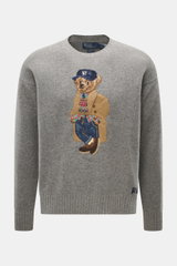 Polo Ralph Lauren Rundhalspullover grau meliert, frontal fotografiert, mit Polo-Bear aus Wolle und Cashmere, Rundhals, Rippbündchen, Regular Fit.