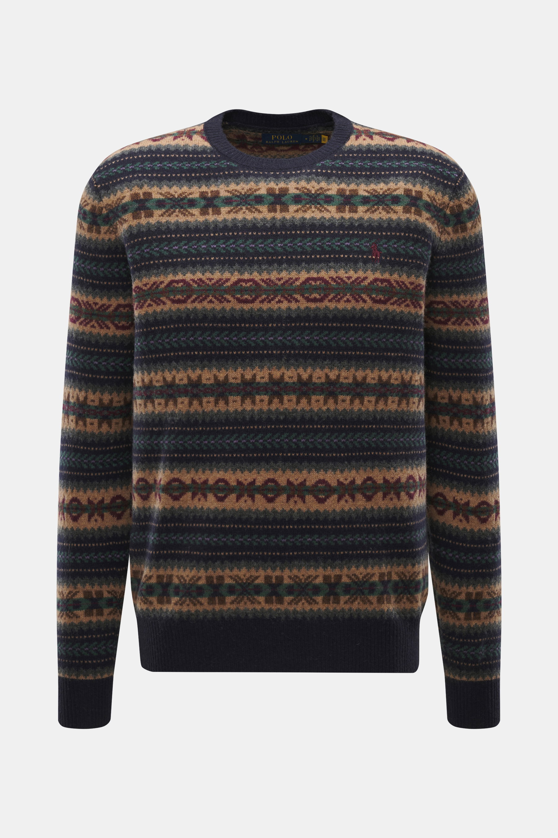 Polo Ralph Lauren Rundhalspullover navy/multicolor gemustert, Intarsien-Strick aus Wolle, Regular Fit, Rundhalsausschnitt, von vorne fotografiert.