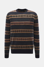 Polo Ralph Lauren Rundhalspullover navy/multicolor gemustert, Intarsien-Strick aus Wolle, Regular Fit, Rundhalsausschnitt, von vorne fotografiert.