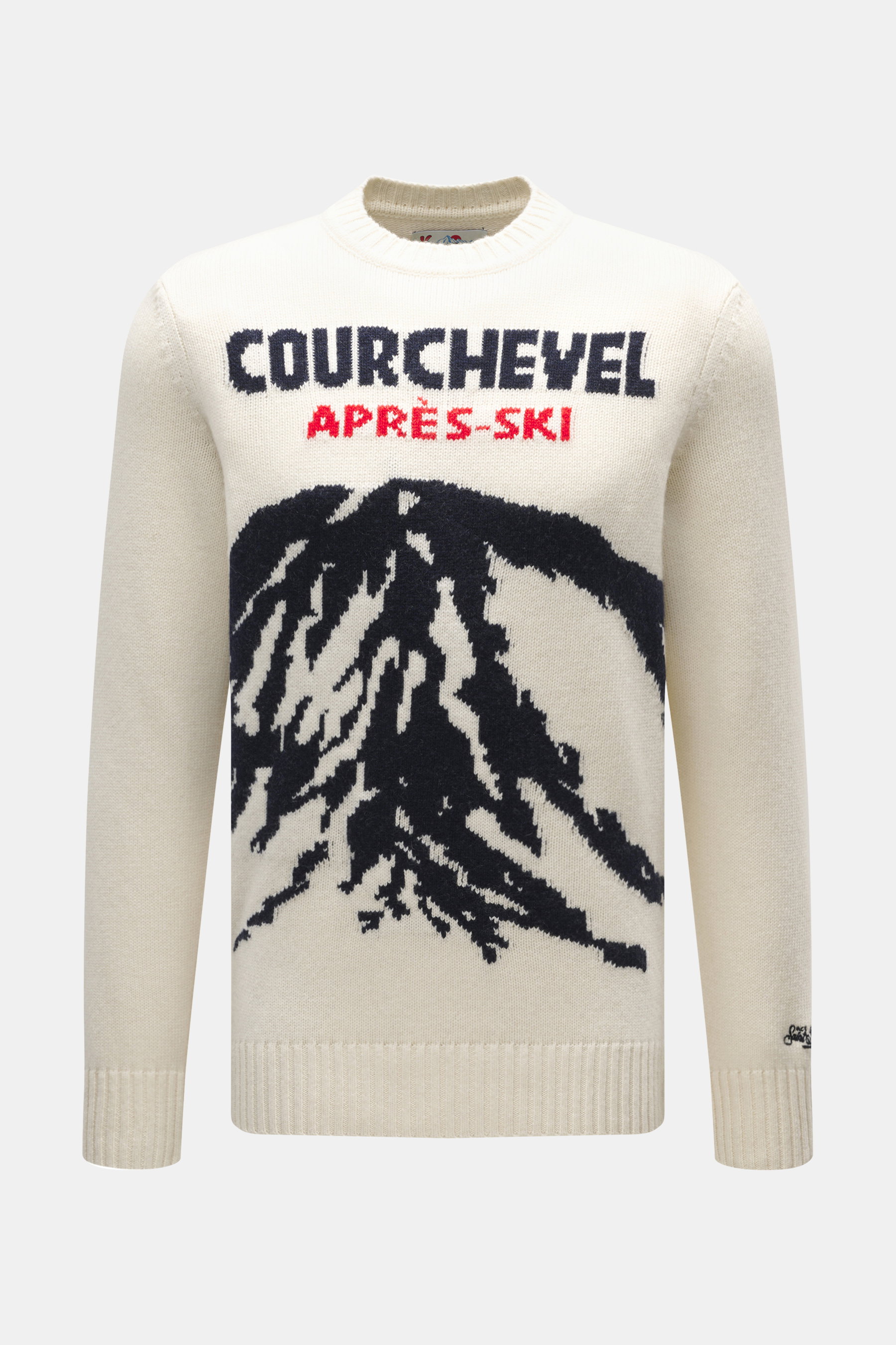 Front view of MC2 Saint Barth Crew Neck Sweater 'Bombardino' cream/dark navy, slim fit, medium-fine knit, intarsia front, crew neckline, soft touch mix of cashmere, wool, viscose, microfiber, sleeve ends with logo stitching, and comfortable ribbed cuffs.