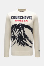 Front view of MC2 Saint Barth Crew Neck Sweater 'Bombardino' cream/dark navy, slim fit, medium-fine knit, intarsia front, crew neckline, soft touch mix of cashmere, wool, viscose, microfiber, sleeve ends with logo stitching, and comfortable ribbed cuffs.