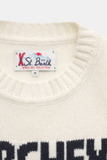 Close-up front view of the MC2 Saint Barth Crew Neck Sweater 'Bombardino' cream/dark navy, showing crew neckline and intarsia on front, made from a mix of cashmere, wool, viscose, and microfiber, with a soft touch, medium-fine knit pattern, slim fit, slee