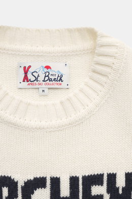 Close-up front view of the MC2 Saint Barth Crew Neck Sweater 'Bombardino' cream/dark navy, showing crew neckline and intarsia on front, made from a mix of cashmere, wool, viscose, and microfiber, with a soft touch, medium-fine knit pattern, slim fit, slee