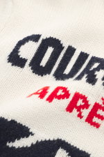 Close-up front view of MC2 Saint Barth Crew Neck Sweater 'Bombardino' cream/dark navy showing intarsia design, medium-fine knit, soft touch, mix of cashmere, wool, viscose, microfiber, slim fit, crew neckline, sleeve ends with logo stitching, and comforta
