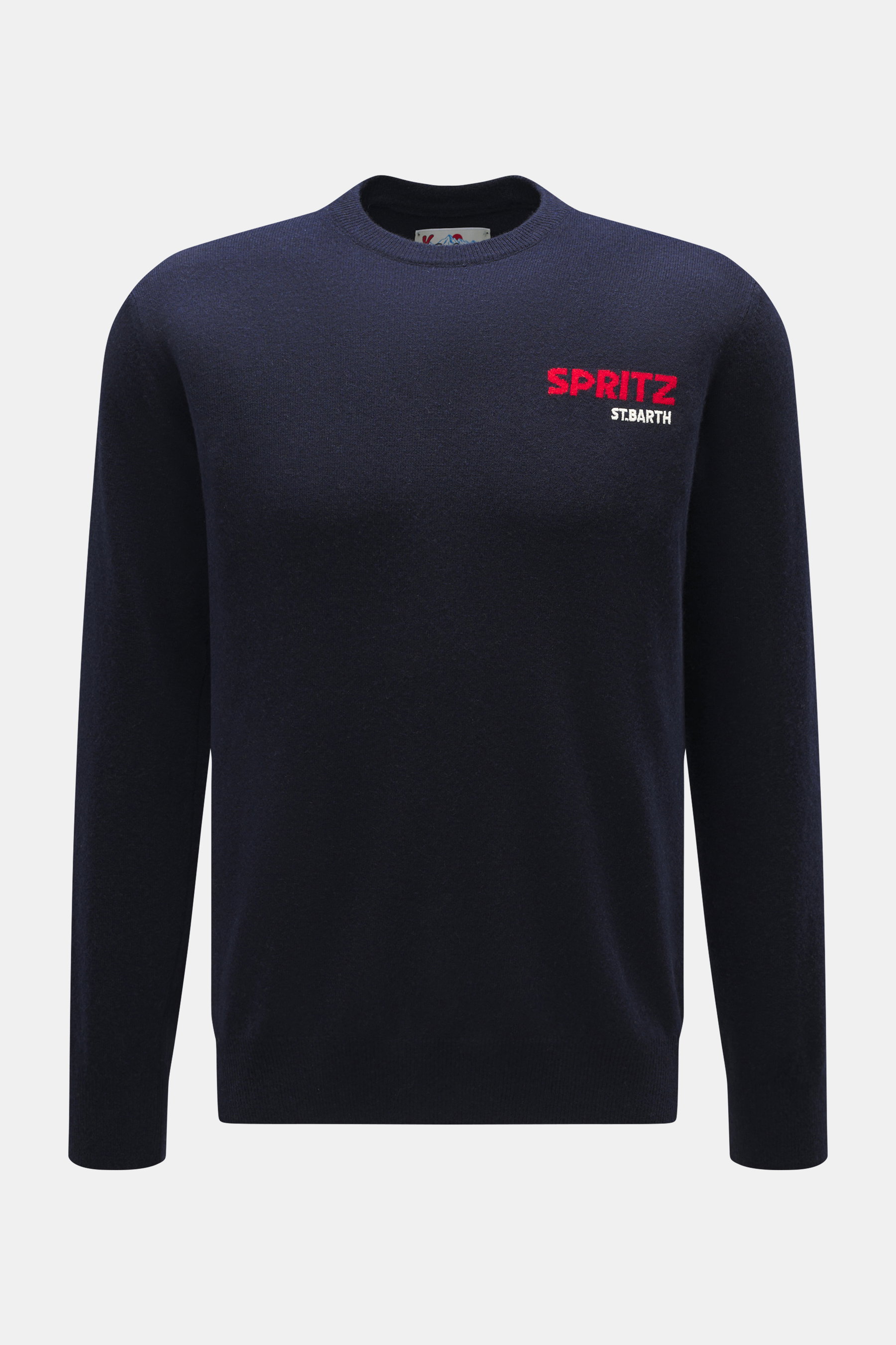 Front view of MC2 Saint Barth Crew Neck Sweater 'Heron' navy/multicolor in slim fit, medium-fine knit with soft touch, wool, viscose, cashmere, microfiber, crew neckline, ribbed cuffs, sleeve ends with logo stitching, and elaborate intarsia knitting.