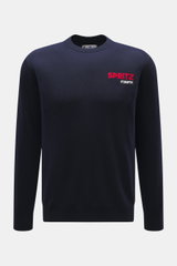 Front view of MC2 Saint Barth Crew Neck Sweater 'Heron' navy/multicolor in slim fit, medium-fine knit with soft touch, wool, viscose, cashmere, microfiber, crew neckline, ribbed cuffs, sleeve ends with logo stitching, and elaborate intarsia knitting.