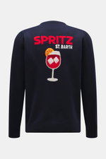 Back view of MC2 Saint Barth Crew Neck Sweater 'Heron' navy/multicolor showing elaborate intarsia knitting of a red Spritz glass with orange slice, made of a mix of wool, viscose, cashmere and microfiber, soft touch, medium-fine knit pattern, Slim Fit, cr