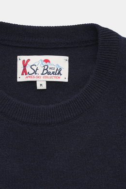 Close-up front view of the MC2 Saint Barth Crew Neck Sweater 'Heron' navy/multicolor showing crew neckline and label, made from a mix of wool, viscose, cashmere, and microfiber, featuring soft touch, medium-fine knit pattern, elaborate intarsia knitting, 