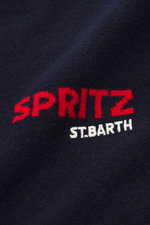 Close-up front detail of the MC2 Saint Barth Crew Neck Sweater 'Heron' navy/multicolor showing red and white intarsia knitting on soft, medium-fine knit fabric. Mix of wool, viscose, cashmere, and microfiber, soft touch, slim fit, crew neckline, sleeve en