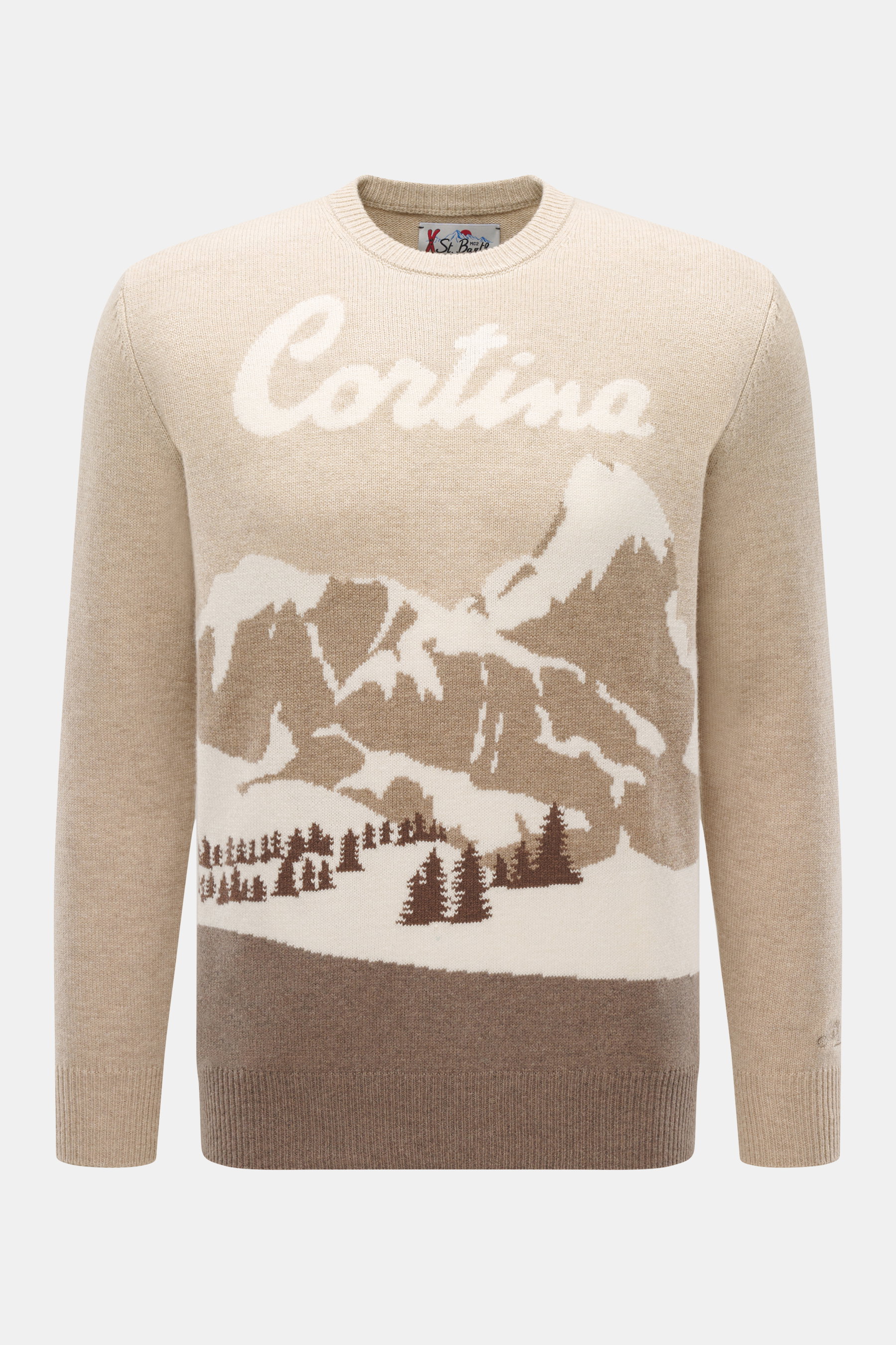 MC2 Saint Barth Rundhals-Pullover 'Heron' beige/multicolor, frontal fotografiert, mittelfeines Strickbild, weicher Griff, Slim Fit, Intarsienstrick, Rippbündchen, Logo-Stitching, Mix aus Cashmere, Wolle, Viskose, Microfaser.