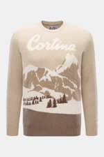 MC2 Saint Barth Rundhals-Pullover 'Heron' beige/multicolor, frontal fotografiert, mittelfeines Strickbild, weicher Griff, Slim Fit, Intarsienstrick, Rippbündchen, Logo-Stitching, Mix aus Cashmere, Wolle, Viskose, Microfaser.