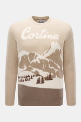 MC2 Saint Barth Rundhals-Pullover 'Heron' beige/multicolor, frontal fotografiert, mittelfeines Strickbild, weicher Griff, Slim Fit, Intarsienstrick, Rippbündchen, Logo-Stitching, Mix aus Cashmere, Wolle, Viskose, Microfaser.