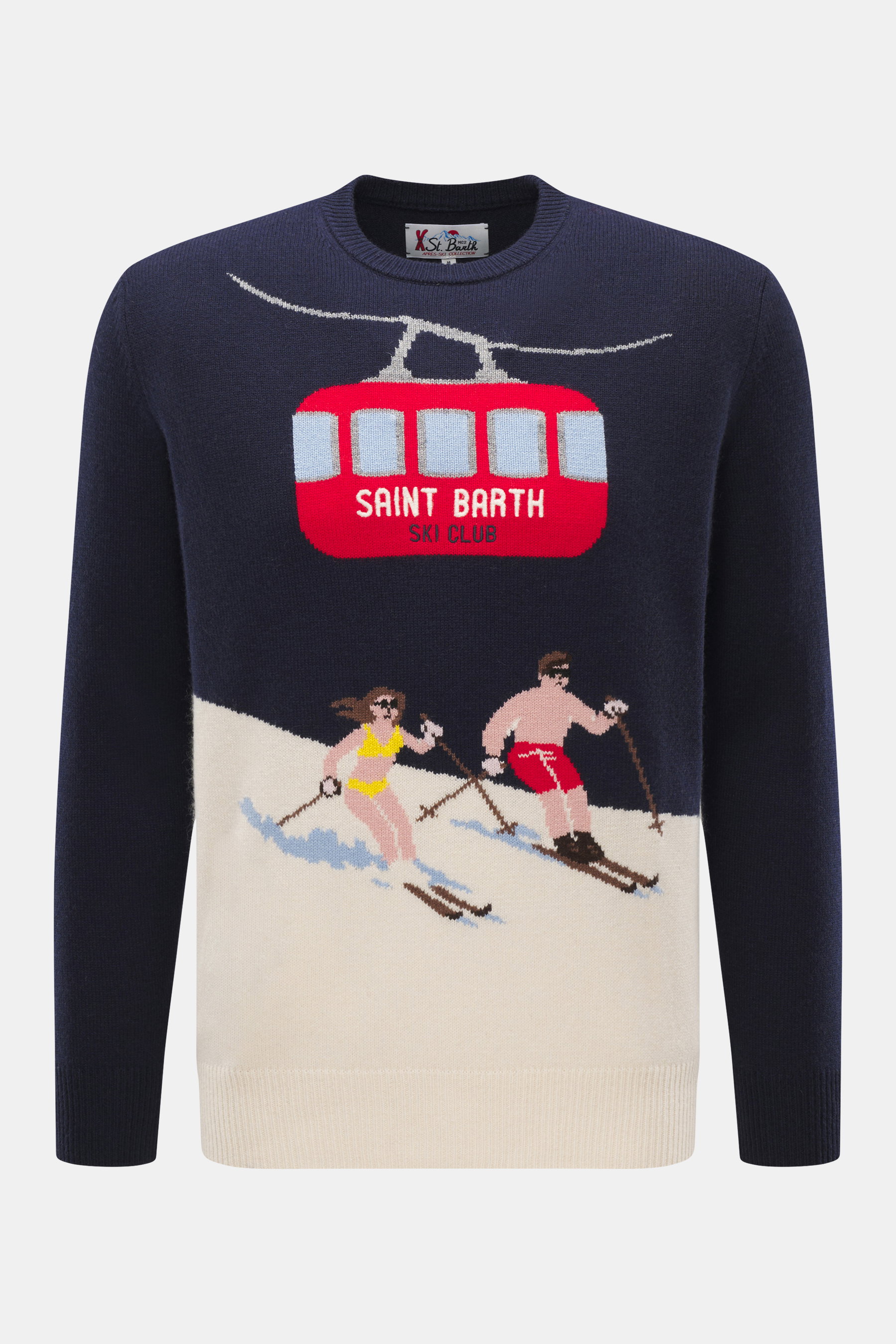 MC2 Saint Barth Rundhals-Pullover 'Heron' navy/multicolor, frontal, Slim Fit, mittelfeines Strickbild, weicher Griff, Intarsienstrick, Rippbündchen, Mix aus Cashmere, Wolle, Viskose, Microfaser, Ärmel mit Logo-Stitching.