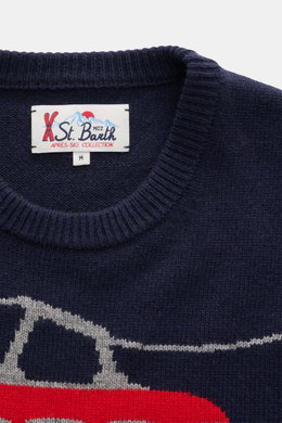 MC2 Saint Barth Rundhals-Pullover 'Heron' navy/multicolor, Detailaufnahme von oben, Mix aus Cashmere, Wolle, Viskose, Microfaser, weicher Griff, mittelfeines Strickbild, Intarsienstrick, Slim Fit, Rundhalsausschnitt, Ärmel mit Logo-Stitching, Rippbündchen