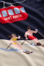 Nahaufnahme von MC2 Saint Barth Rundhals-Pullover 'Heron' navy/multicolor mit aufwändigem Intarsienstrick, weichem Griff, Slim Fit, Rundhalsausschnitt, Ärmeln mit Logo-Stitching, komfortablen Rippbündchen, mittelfeinem Strickbild, Mix aus Cashmere, Wolle,