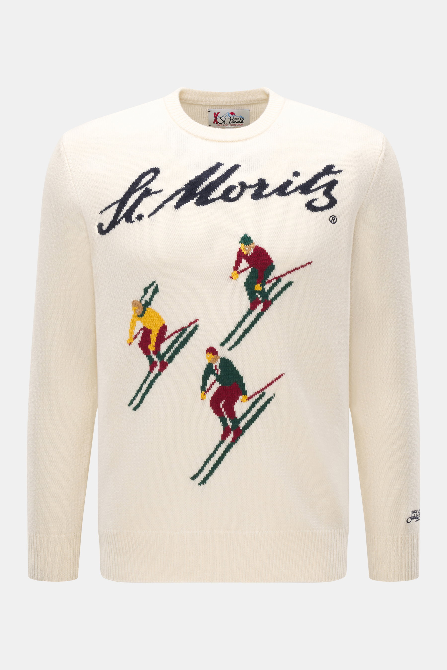 MC2 Saint Barth Rundhals-Pullover 'Heron' creme, frontale Nahaufnahme, Mix aus Cashmere, Wolle, Viskose, Microfaser, weicher Griff, mittelfeines Strickbild, Intarsien, Slim Fit, Rundhalsausschnitt, Ärmel mit Logo-Stitching, Rippbündchen.