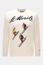MC2 Saint Barth Rundhals-Pullover 'Heron' creme, frontale Nahaufnahme, Mix aus Cashmere, Wolle, Viskose, Microfaser, weicher Griff, mittelfeines Strickbild, Intarsien, Slim Fit, Rundhalsausschnitt, Ärmel mit Logo-Stitching, Rippbündchen.