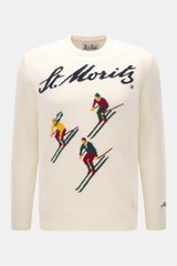 MC2 Saint Barth Rundhals-Pullover 'Heron' creme, frontale Nahaufnahme, Mix aus Cashmere, Wolle, Viskose, Microfaser, weicher Griff, mittelfeines Strickbild, Intarsien, Slim Fit, Rundhalsausschnitt, Ärmel mit Logo-Stitching, Rippbündchen.