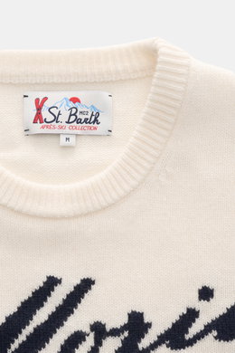 Nahaufnahme von MC2 Saint Barth Rundhals-Pullover 'Heron' creme, fotografiert von oben, mit weichem Griff, mittelfeinem Strickbild, Intarsien, Slim Fit, Rundhalsausschnitt, Ärmelabschluss mit Logo-Stitching und komfortablen Rippbündchen, Mix aus Cashmere,