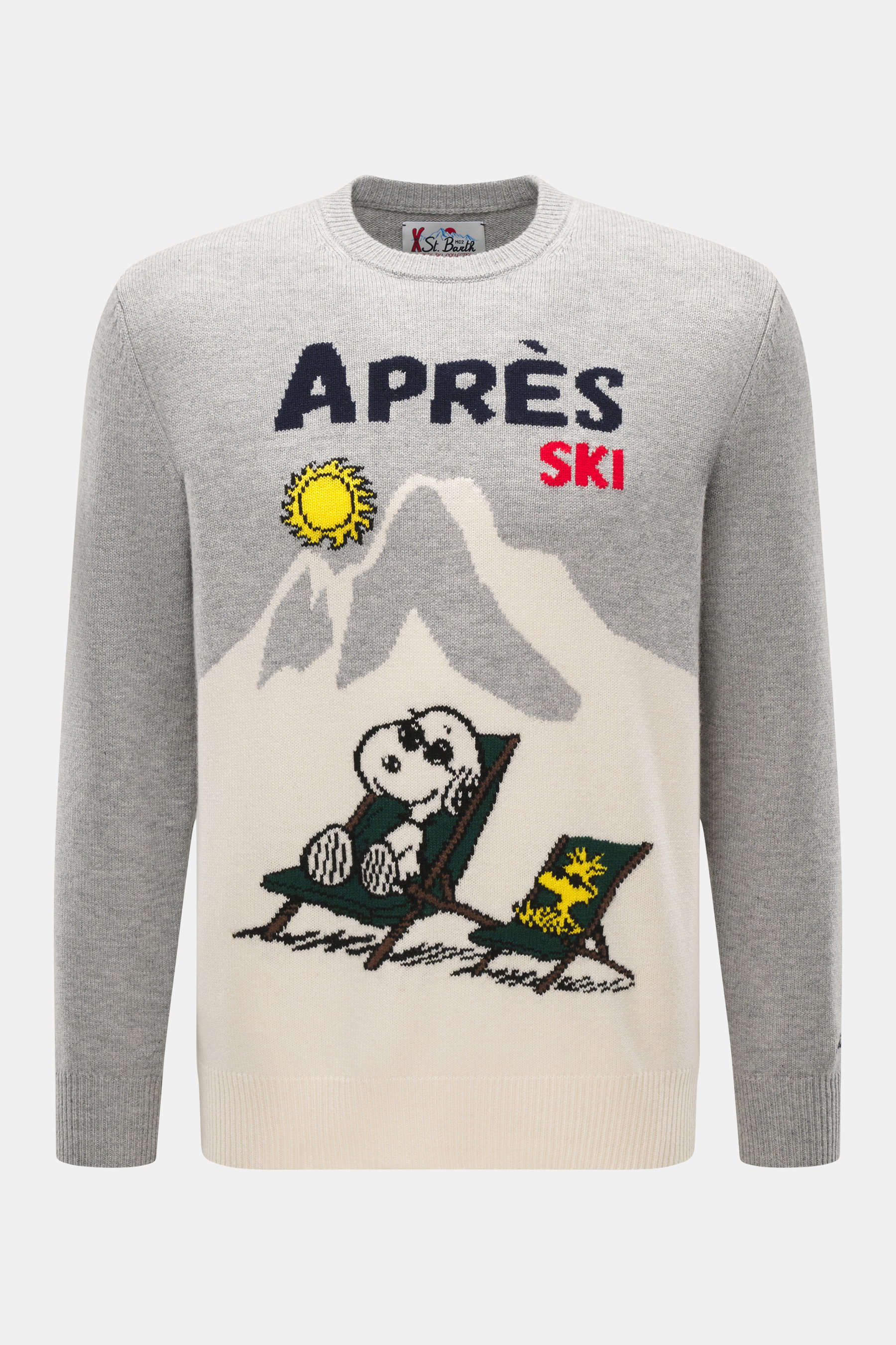 MC2 Saint Barth Rundhals-Pullover "Heron" hellgrau/multicolor, frontal fotografiert, mit Snoopy-Intarsienstrick, Mix aus Cashmere, Wolle, Viskose, Microfaser, Slim Fit, weicher Griff, mittelfeines Strickbild, Rundhalsausschnitt, Ärmelabschluss mit Logo-St