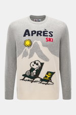MC2 Saint Barth Rundhals-Pullover "Heron" hellgrau/multicolor, frontal fotografiert, mit Snoopy-Intarsienstrick, Mix aus Cashmere, Wolle, Viskose, Microfaser, Slim Fit, weicher Griff, mittelfeines Strickbild, Rundhalsausschnitt, Ärmelabschluss mit Logo-St