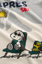 Nahaufnahme des MC2 Saint Barth Rundhals-Pullover 'Heron' hellgrau/multicolor von schräg oben, weicher Griff, mittelfeines Strickbild, Snoopy-Intarsienstrick, Slim Fit, Rippbündchen, Logo-Stitching, Materialmix aus Cashmere, Wolle, Viskose und Microfaser.