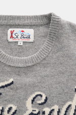 MC2 Saint Barth Rundhals-Pullover 'Heron' grau/multicolor in Nahaufnahme von oben, Mix aus Cashmere, Wolle, Viskose, Microfaser, weicher Griff, mittelfeines Strickbild, Intarsienstrick, Slim Fit, Rundhalsausschnitt, Ärmelabschluss mit Logo-Stitching, Ripp