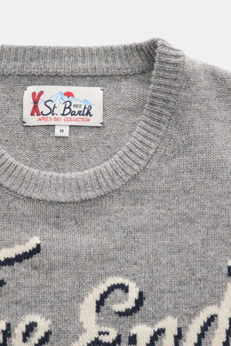MC2 Saint Barth Rundhals-Pullover 'Heron' grau/multicolor in Nahaufnahme von oben, Mix aus Cashmere, Wolle, Viskose, Microfaser, weicher Griff, mittelfeines Strickbild, Intarsienstrick, Slim Fit, Rundhalsausschnitt, Ärmelabschluss mit Logo-Stitching, Ripp