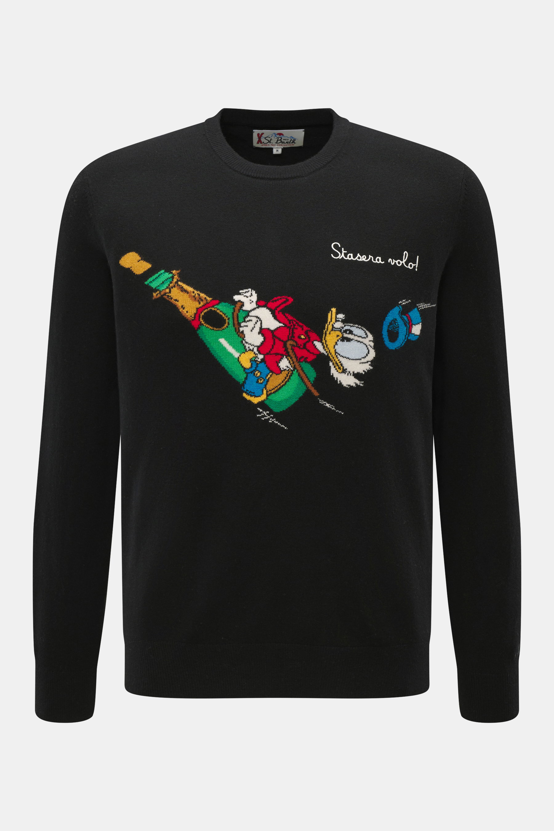 MC2 Saint Barth Rundhals-Pullover 'Heron' schwarz/multicolor, frontal fotografiert, mit weichem Griff, Slim Fit, mittelfeinem Strick, Snoopy-Intarsien, Rippbündchen, Logo-Stitching, Mix aus Cashmere, Wolle, Viskose, Microfaser.
