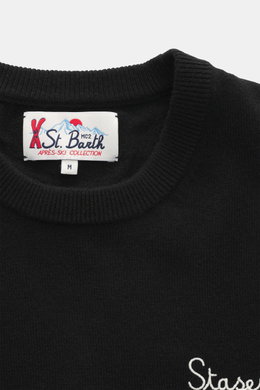 MC2 Saint Barth Rundhals-Pullover 'Heron' schwarz/multicolor, Detailansicht von oben mit weichem Griff, mittelfeinem Strickbild, Rippbündchen, Logo-Stitching, Slim Fit, Mischung aus Cashmere, Wolle, Viskose und Microfaser.