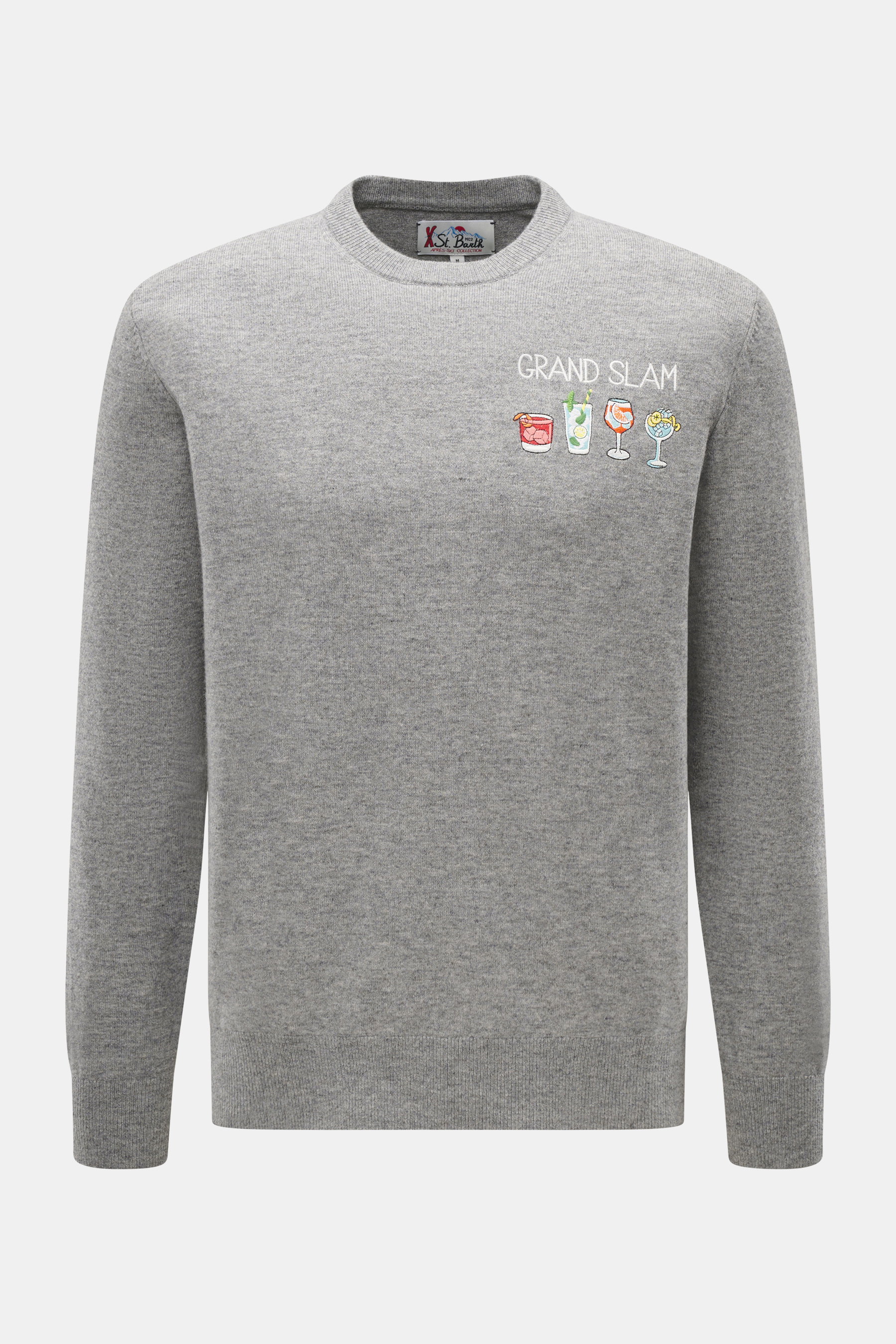 MC2 Saint Barth Rundhals-Pullover 'Heron Light' grau meliert, frontal, Slim Fit, weicher Griff, feines Strickbild, Cashmere-Mix, Rundhalsausschnitt, Logo-Stitching am Ärmel, Rippbündchen.