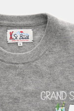MC2 Saint Barth Rundhals-Pullover 'Heron Light' grau meliert, Front nah, Mix aus Cashmere, Wolle, Viskose, Microfaser, weicher Griff, feines Strickbild, Stitching Brust, Slim Fit, Rundhalsausschnitt, Ärmelabschluss mit Logo-Stitching, Rippbündchen.
