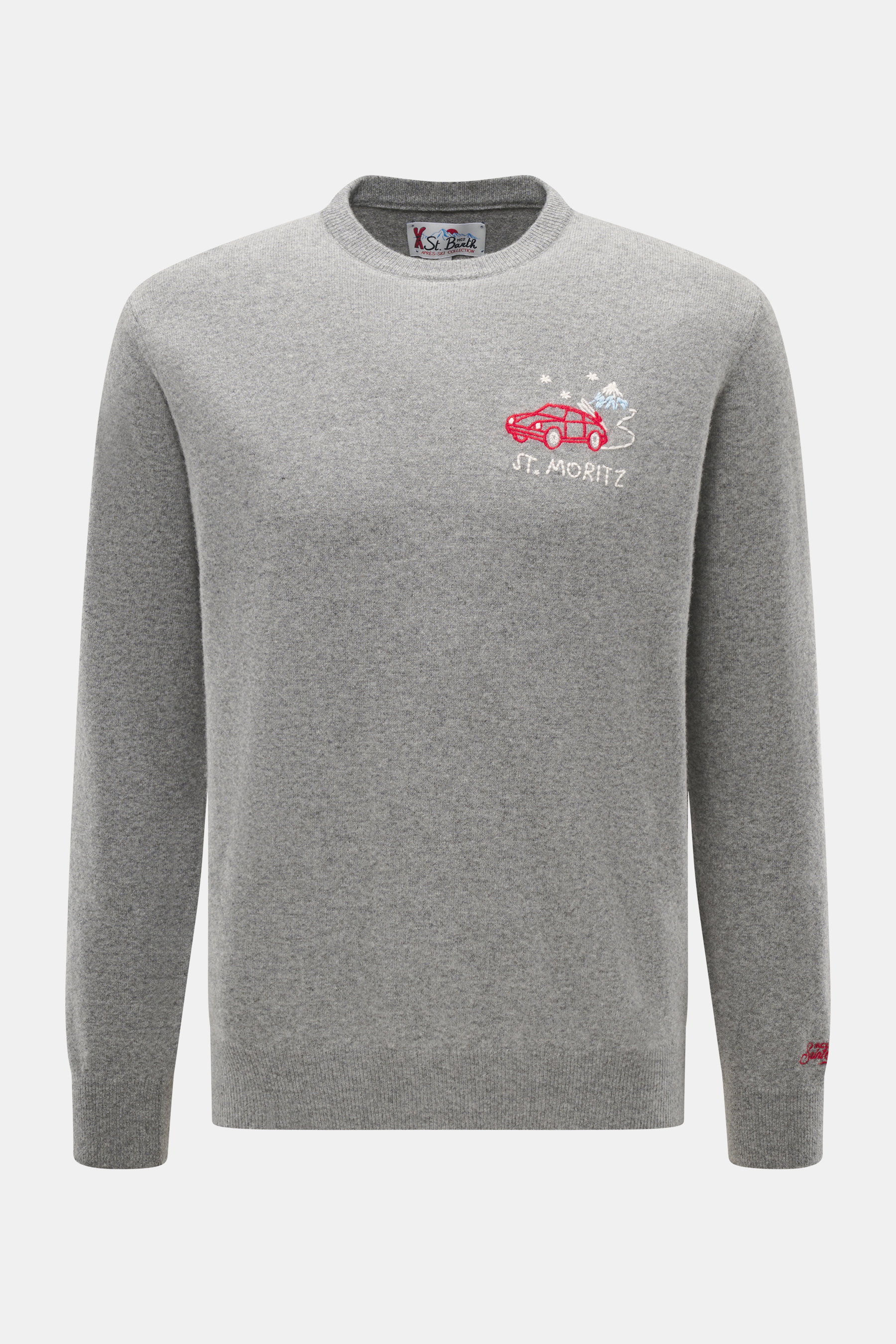 MC2 Saint Barth Rundhals-Pullover "Heron Light" grau meliert, frontal von oben, Mix aus Cashmere, Wolle, Viskose, Microfaser, weicher Griff, feines Strickbild, markantes Stitching Brust, Slim Fit, Rundhalsausschnitt, Ärmelabschluss mit Logo-Stitching, kom
