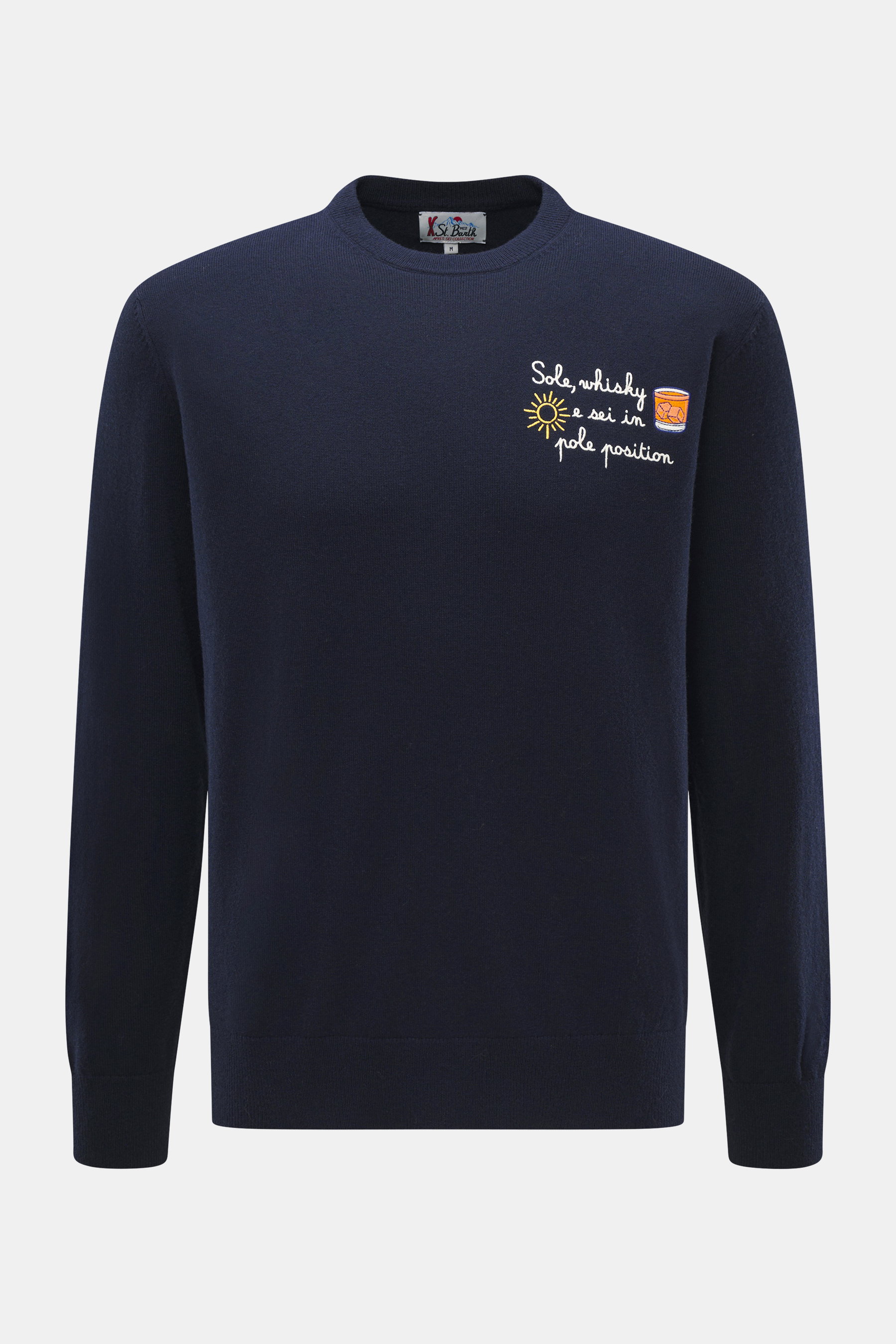 MC2 Saint Barth Rundhals-Pullover 'Heron Light' navy, frontal fotografiert, Mix Cashmere, Wolle, Viskose, Microfaser, weicher Griff, feines Strickbild, markantes Stitching Brust, Slim Fit, Rundhalsausschnitt, Ärmel mit Logo-Stitching, Rippbündchen.