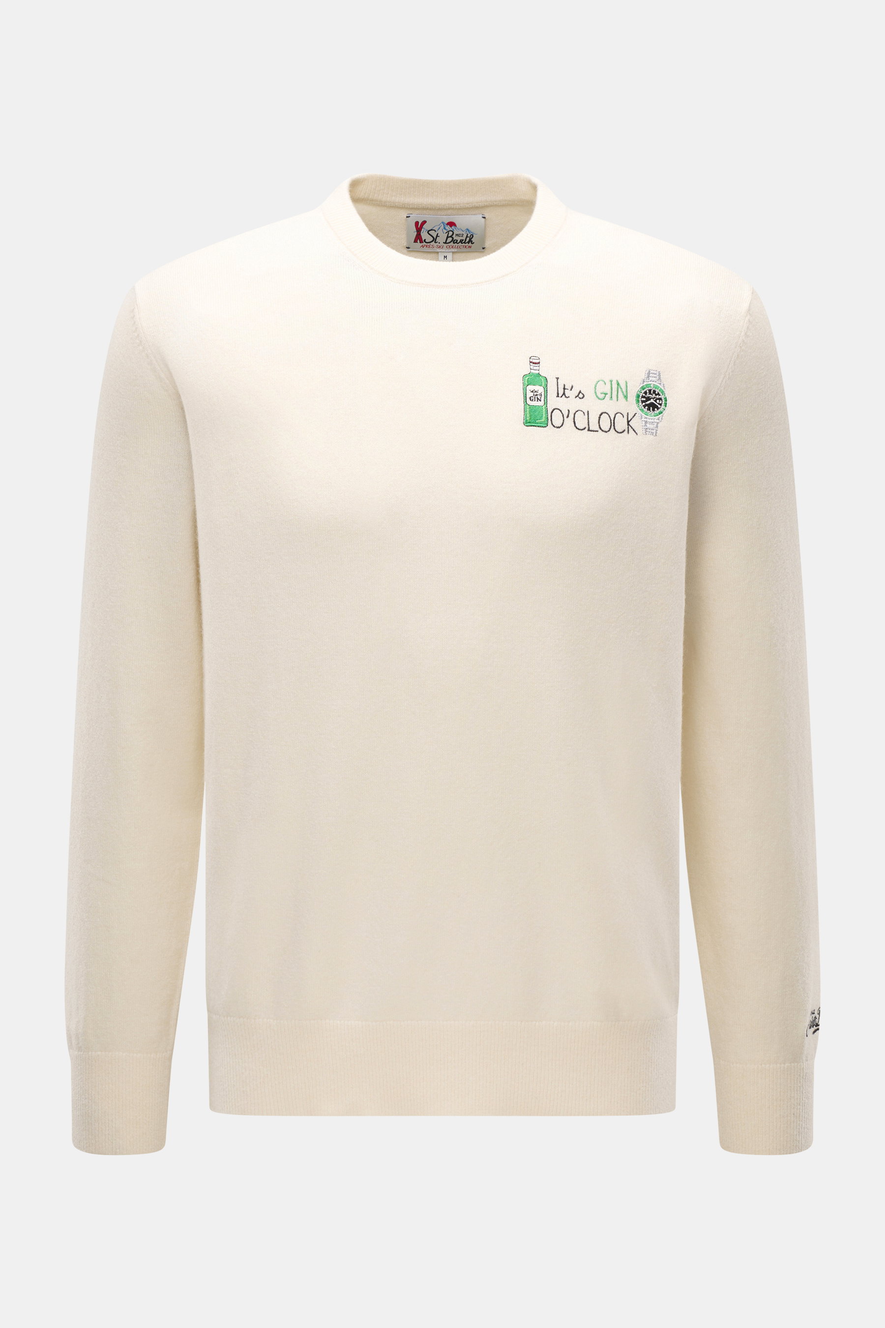 MC2 Saint Barth Rundhals-Pullover 'Heron Light' creme, frontal fotografiert, Mix aus Cashmere, Wolle, Viskose, Microfaser, weicher Griff, feines Strickbild, markantes Stitching auf der Brust, Slim Fit, Rundhalsausschnitt, Ärmelabschluss mit Logo-Stitching