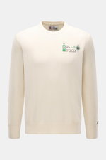 MC2 Saint Barth Rundhals-Pullover 'Heron Light' creme, frontal fotografiert, Mix aus Cashmere, Wolle, Viskose, Microfaser, weicher Griff, feines Strickbild, markantes Stitching auf der Brust, Slim Fit, Rundhalsausschnitt, Ärmelabschluss mit Logo-Stitching