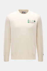 MC2 Saint Barth Rundhals-Pullover 'Heron Light' creme, frontal fotografiert, Mix aus Cashmere, Wolle, Viskose, Microfaser, weicher Griff, feines Strickbild, markantes Stitching auf der Brust, Slim Fit, Rundhalsausschnitt, Ärmelabschluss mit Logo-Stitching