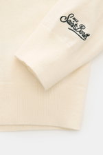 MC2 Saint Barth Rundhals-Pullover 'Heron Light' creme, Detailaufnahme Ärmelsaum mit Logo-Stitching, feines Strickbild, weicher Griff, Slim Fit, Rippbündchen, Mix aus Cashmere, Wolle, Viskose und Microfaser.