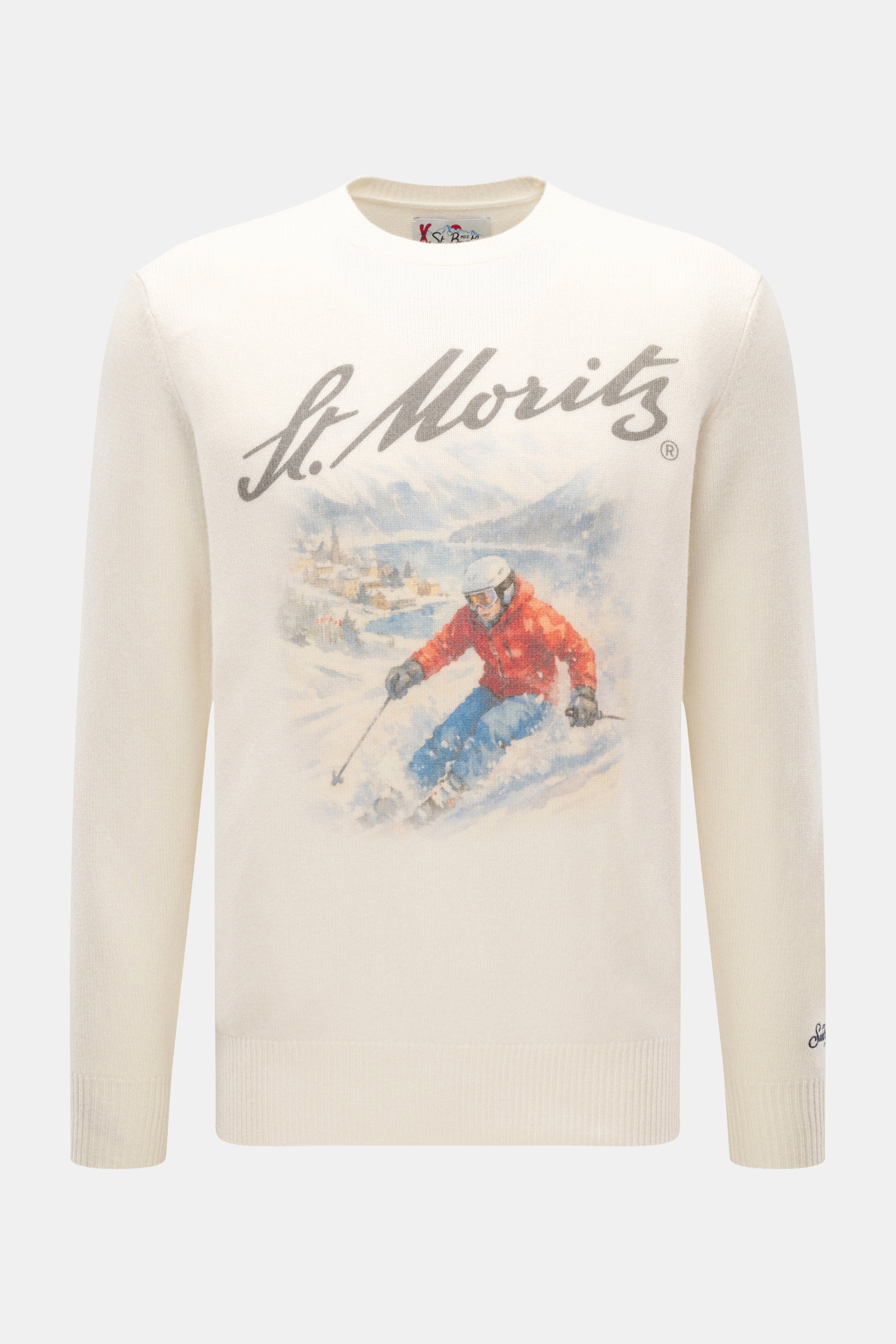 MC2 Saint Barth Rundhals-Pullover 'Heron Print' creme/multicolor, Frontansicht, Slim Fit, weicher Griff, Intarsienstrick, Rippbündchen, Logo-Stitching, Materialmix aus Cashmere, Wolle, Viskose, Microfaser.