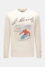 MC2 Saint Barth Rundhals-Pullover 'Heron Print' creme/multicolor, Frontansicht, Slim Fit, weicher Griff, Intarsienstrick, Rippbündchen, Logo-Stitching, Materialmix aus Cashmere, Wolle, Viskose, Microfaser.